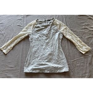 Express Gray Heather Knit Top White Floral Lace Raglan Long Sleeve Back Zip Sm